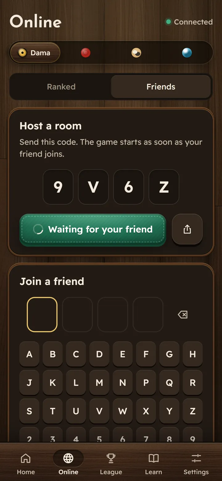 A private online room showing its four-letter code